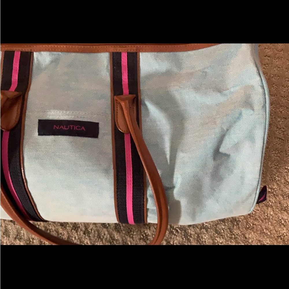Nautica Light Blue Canvas Weekender with Navy & Pink Stripes - Picture 2 of 2